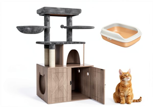 HavenlyYouth Cat Litter Box Enclosure Multi-Level Cat Tree-7