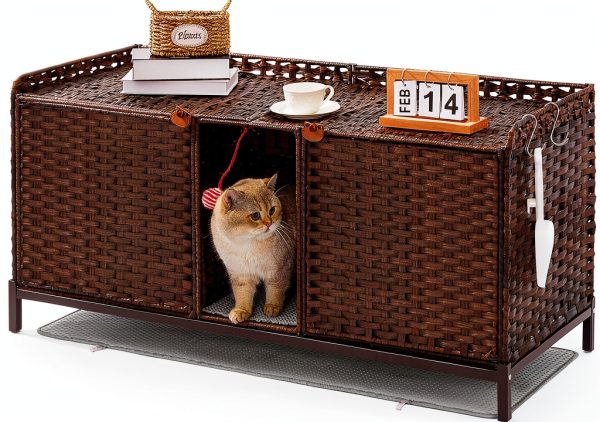 SETVSON Cat Litter Box Enclosure Rattan Furniture Large-0