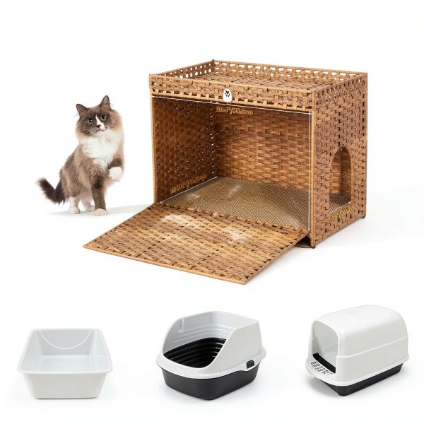 Honiakaka Cat Litter Box Enclosure Natural Rattan-6