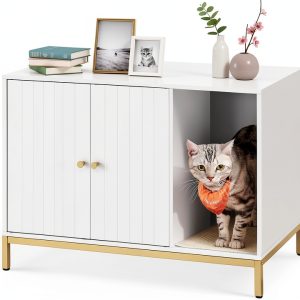 Feandrea Cat Litter Box Enclosure White Gold-0