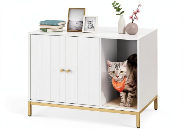 Feandrea Cat Litter Box Enclosure White Gold-0