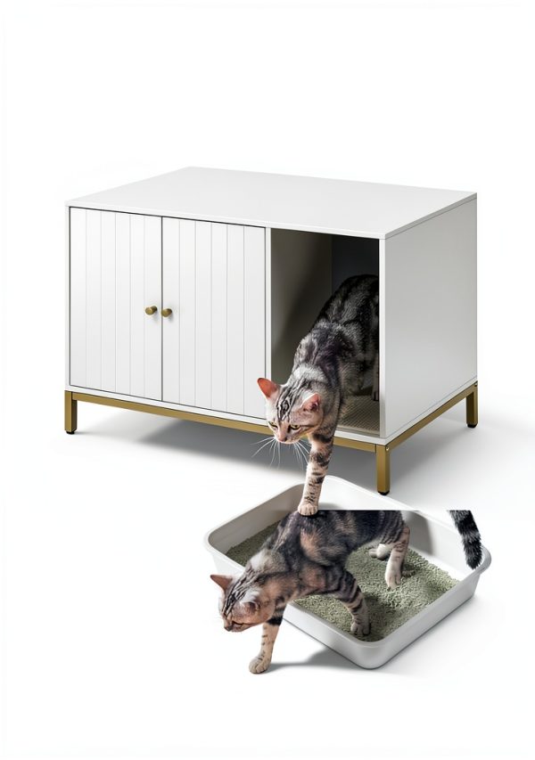 Feandrea Cat Litter Box Enclosure White Gold-7