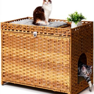 Honiakaka Cat Litter Box Enclosure Natural Rattan-0