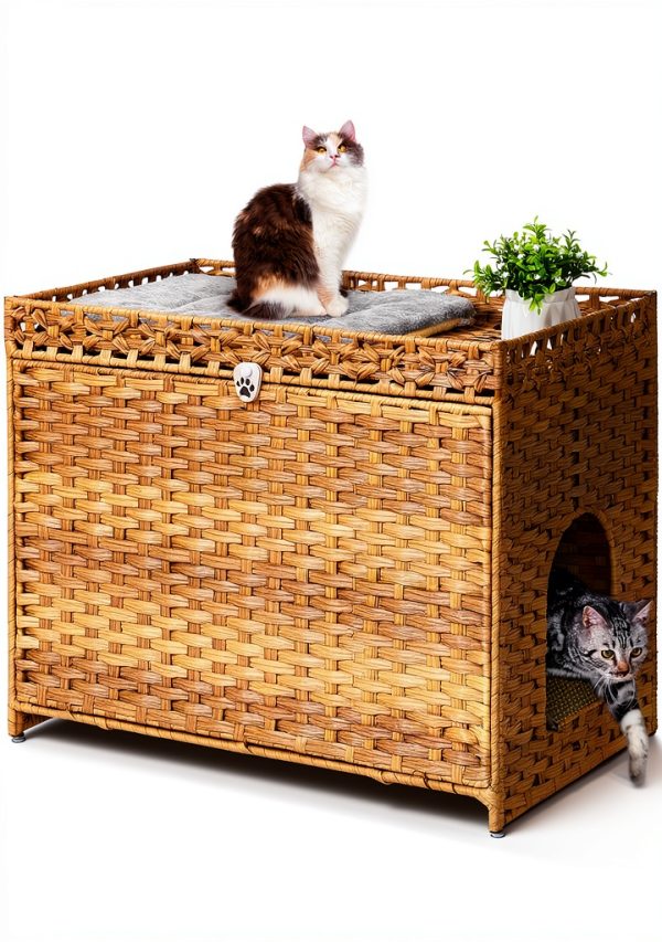 Honiakaka Cat Litter Box Enclosure Natural Rattan-0