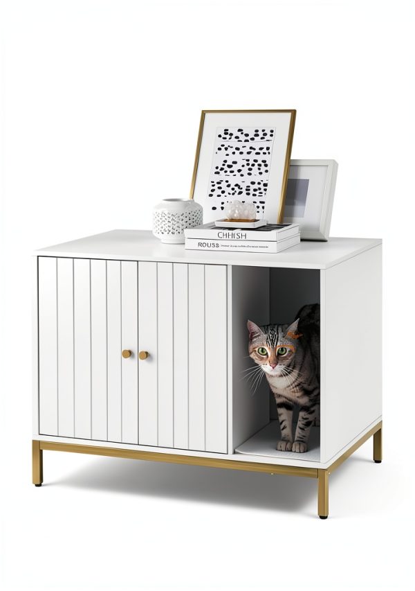 Feandrea Cat Litter Box Enclosure White Gold-1