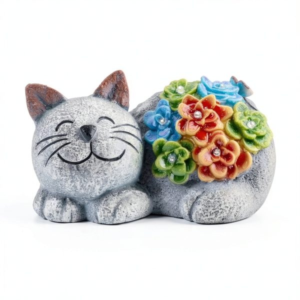 Solar Cat Decor Otdair Light with Succulent and 7 LED Gray-2