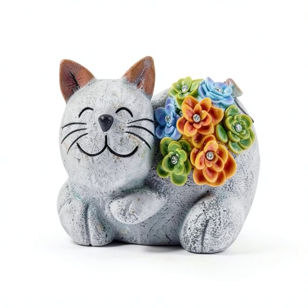 Solar Cat Decor Otdair Light with Succulent and 7 LED Gray-1