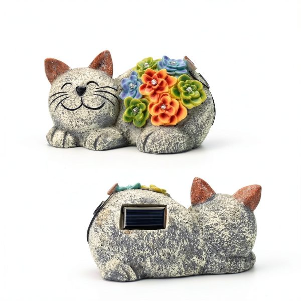 Solar Cat Decor Otdair Light with Succulent and 7 LED Gray-3