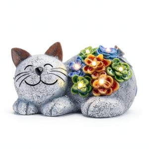 Solar Cat Decor Otdair Light with Succulent and 7 LED Gray-0