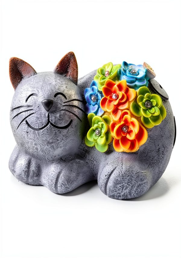 Solar Cat Decor Otdair Light with Succulent and 7 LED Gray-6