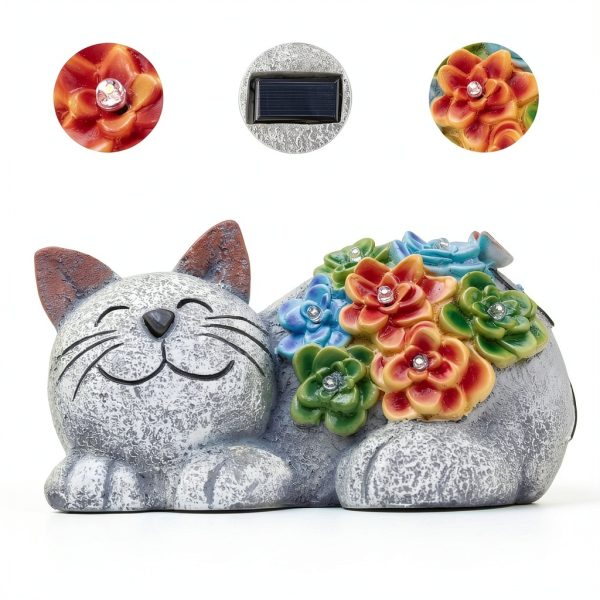 Solar Cat Decor Otdair Light with Succulent and 7 LED Gray-4