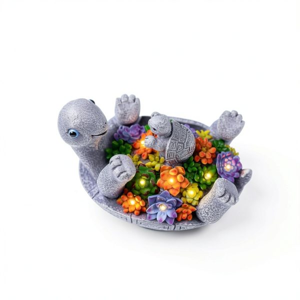 Solar Turtle Figurines Garden Decor, Cute Turtle Statue with Baby with 7 LED Solar Lights Garden Lawn Decorations for Patio & Yard, Gifts for Mom, Gery-4