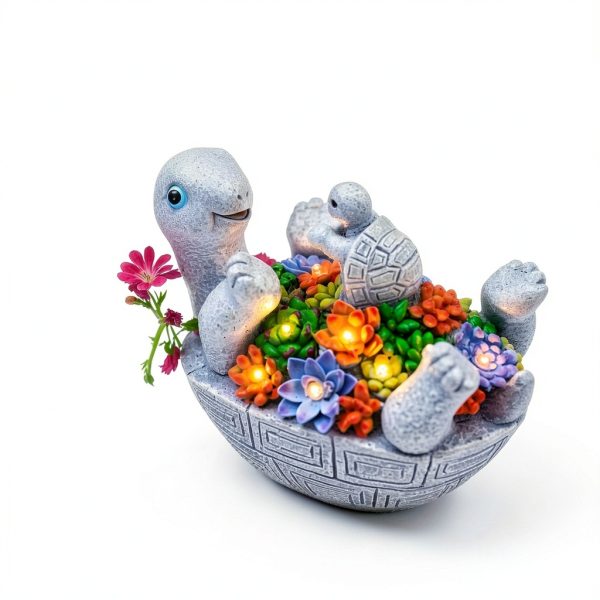 Solar Turtle Figurines Garden Decor, Cute Turtle Statue with Baby with 7 LED Solar Lights Garden Lawn Decorations for Patio & Yard, Gifts for Mom, Gery-3