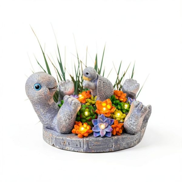 Solar Turtle Figurines Garden Decor, Cute Turtle Statue with Baby with 7 LED Solar Lights Garden Lawn Decorations for Patio & Yard, Gifts for Mom, Gery-2