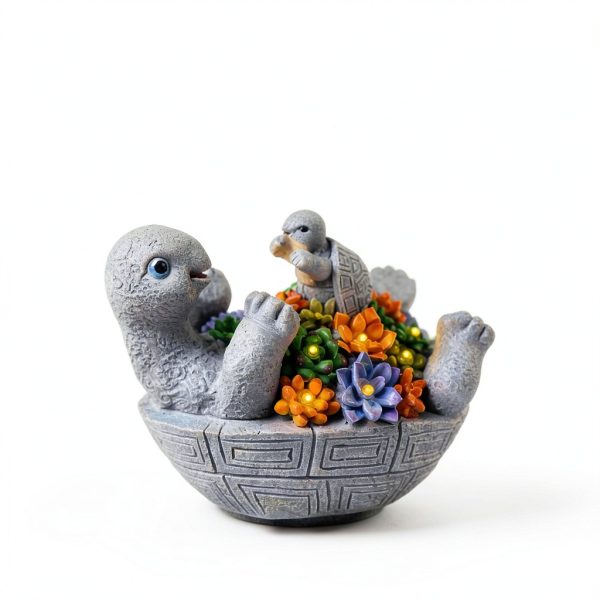 Solar Turtle Figurines Garden Decor, Cute Turtle Statue with Baby with 7 LED Solar Lights Garden Lawn Decorations for Patio & Yard, Gifts for Mom, Gery-8